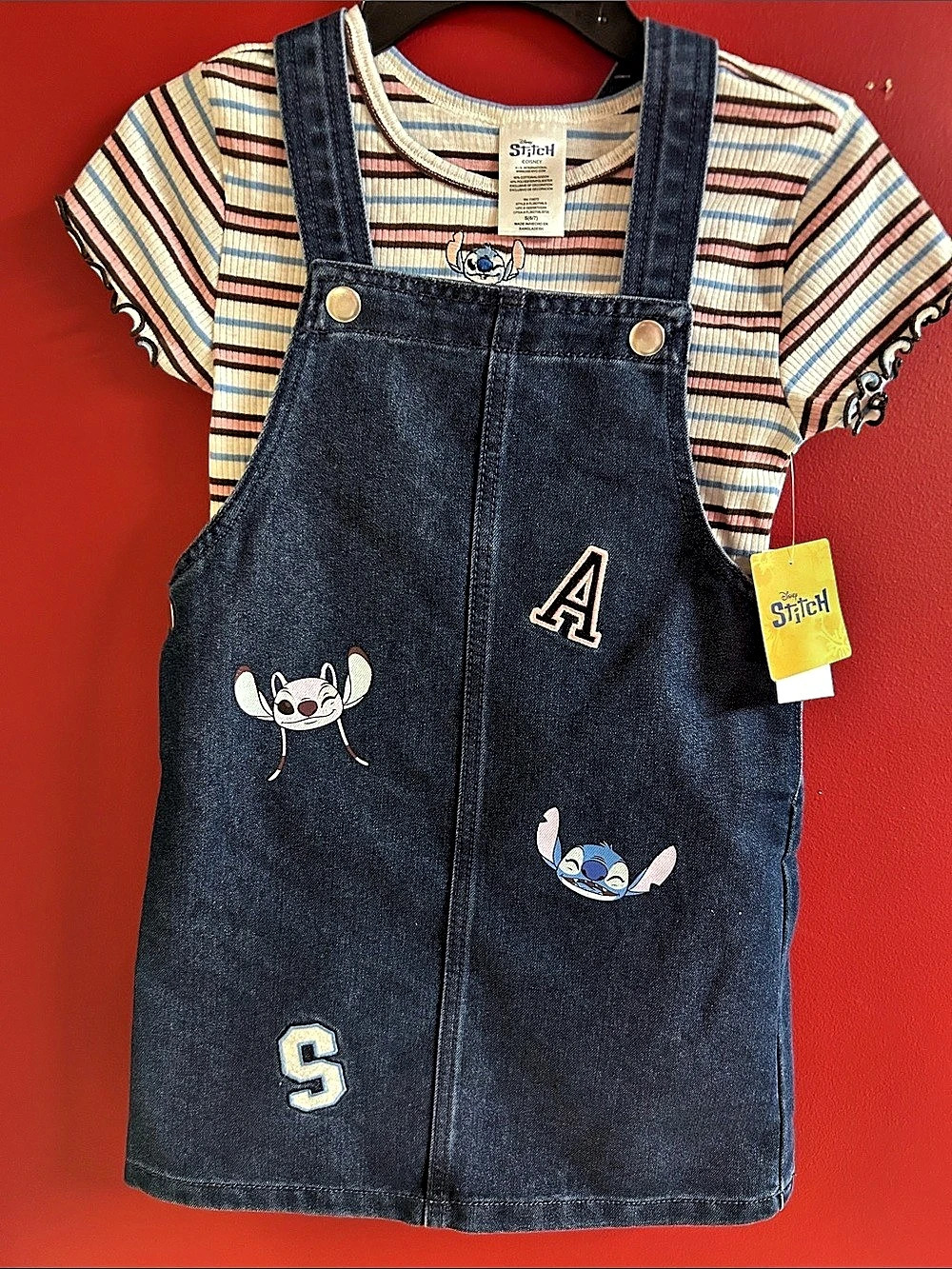 Disney Stitch Girls Striped Denim Jumper Dress Size 6/7 NWT